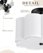 Semi Flush Mount Ceiling Lights, 3-Light 13" Ceiling Light Fixtures with Fabric Shade in Flower Shape, Matte Black Drum Lighting for Nursery Hallway Bedroom Kitchen, AD-22007-3SF-BK