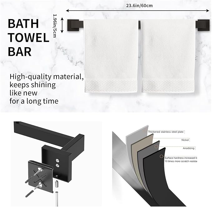 20-Pieces Matte Black Bathroom Accessories Set, 23.6 Inch Bath Towel Bar Set, SUS 304 Stainless Steel Bathroom Hardware Set, Towel Racks for Bathroom Wall Mounted.