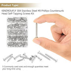 142 Pieces #8 x 1/2" 5/8" 3/4" 1" 1-1/4" Phillips Countersunk Head Self-Tapping Screws, Wood Screws Assortment Kit, 304 Stainless Steel