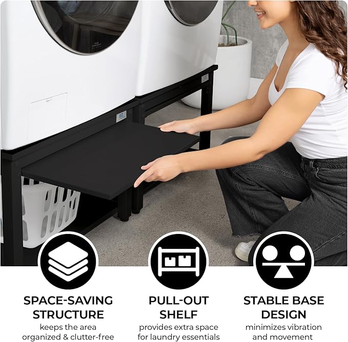 Washer and Dryer Pedestals with Pullout-Shelf - 28" W, 18" H, Black Steel Universal Fit with Major Brands | Laundry Pedestal with Drain Pan & Hose | Washer Stand for Back Pain Relief, 800 lbs Capacity