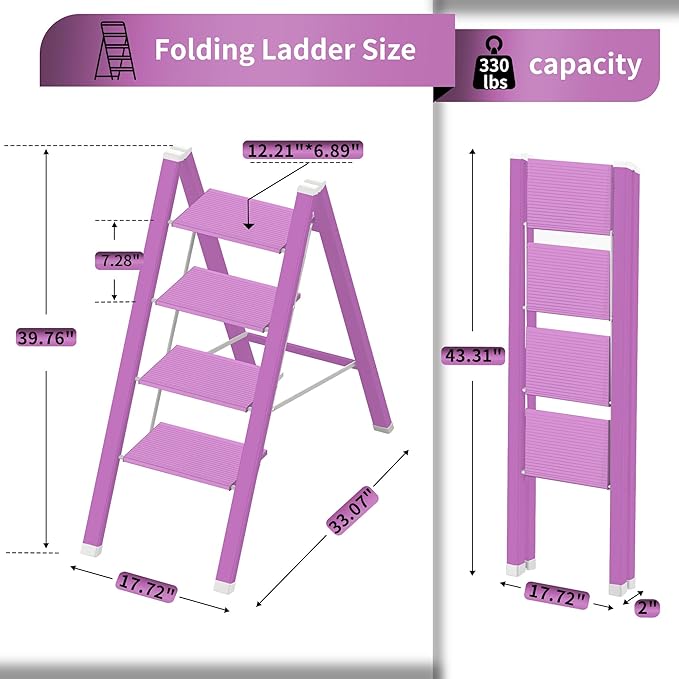 4 Step Lightweight Folding Ladder for Home, 330lbs Aluminum Step Ladder Anti-Slip for Kitchen, Step Stool Foldable Adults for Closet, 330lbs - Light Purple