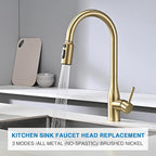 Metal Kitchen Faucet Head Replacement, 3-Function Pull Down Spray Head for Kitchen Faucet, High Pressure Sink Spray Nozzle with 9 Adapters Compatible with American Standard, ‎Brushed Gold