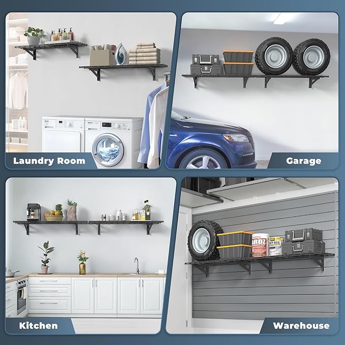 2 Pack Heavy Duty Garage Wall Shelving Set (1x4ft), Wall Mounted Garage Shelves 500lbs Capacity, 12"x48" Shelf Storage Rack Floating Shelves, Black