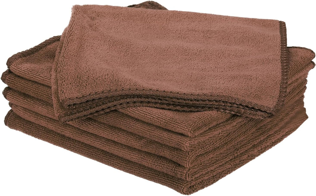 HARFINGTON 6 Pack Microfiber Cleaning Cloth, 16" x 16" Multi-Functional Cleaning Towels Reusable Absorbent Rags for Car Wash Kitchen Household Window Clean, Brown