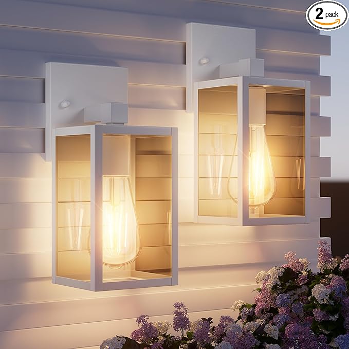 2 Pack White Exterior Lighting Fixtures Wall Mount, Outside Front Porch Lights for House, Outdoor Lantern Lamp, Waterproof Wall Sconce Lights, Coach Light for Garage Entryway