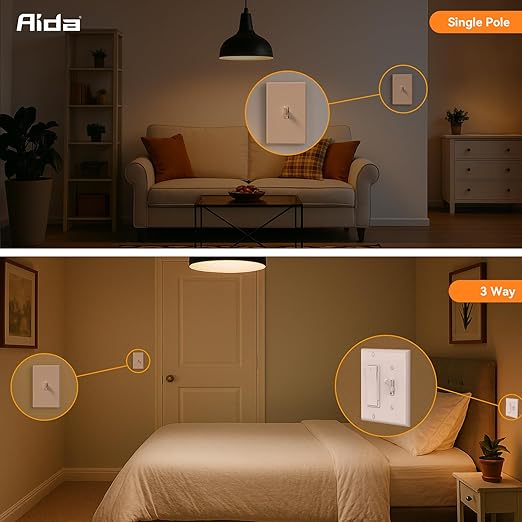 AIDA Digital Toggle Dimmer Switch for Dimmable LED, CFL & Incandescent Bulbs, Single Pole/3-Way, Screwless Wall Plate Included, UL Listed, No Neutral Wire Needed, Matte White (1 Pack)