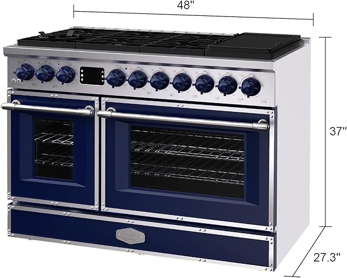 Akicon 48" Freestanding Gas Cooktop Oven Combo, Features 8 Sealed Burners, 6.7 Cu.ft Rapid Convection Oven, Convertible Fuel (NG/LP), Durable Cast Iron Grating (CBSCBSB1)