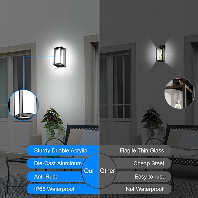 ledmo Outdoor LED Wall Porch Light, 1800LM 6000K Modern Sconce Light Fixture, 18W IP65 Waterproof Anti-Rust Wall Light, Frame Exterior Wall Lights for Patio, Yard, Garage, House, 4 Pack