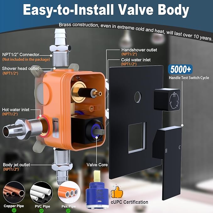 Enga Full Body Shower System with Body Jets, 12 Inch Powerful Rainfall Shower and Handheld Spray, Rough-in Mixer Valve Concealed Shower Faucet Set Complete, Matte Black