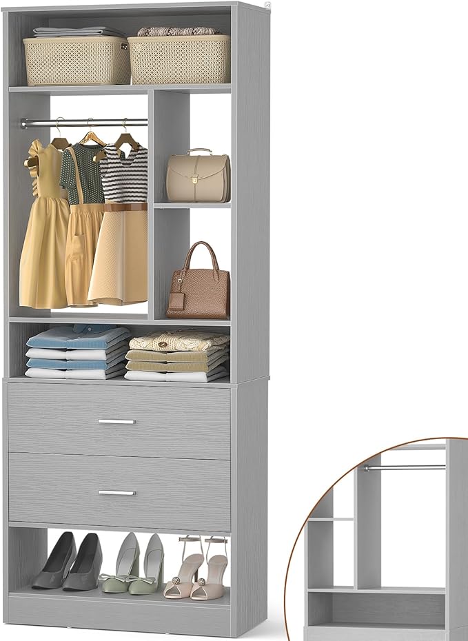 Freestanding 24" Closet System with 2 Wood Drawers, 2FT Small Closet Organizer System with 6 Shelves & Hanging Rod, Walk-in Closet Systems for Small Closets, Grey (24" L x 15" W x 80" H)