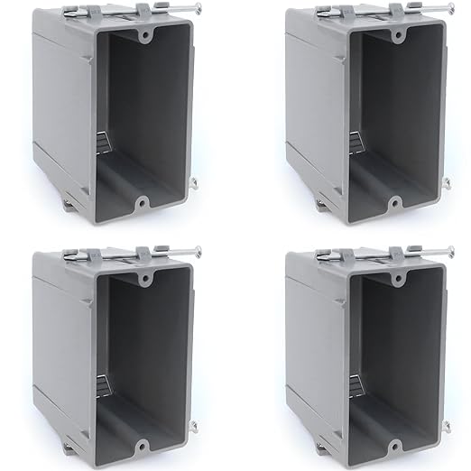 (Pack of 4) Plastic Electrical Box, Grey Outlet Box, Single Gang New Work Junction Box, Captive Nails, 20 cu. Inches, Length 3-5/8'', Width 2-1/8'', Depth 3-1/4''