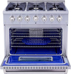 THOR Kitchen Freestanding Professional 36-Inch Gas Range with Blue Porcelain Oven Interior In Stainless Steel - Model HRG3618U