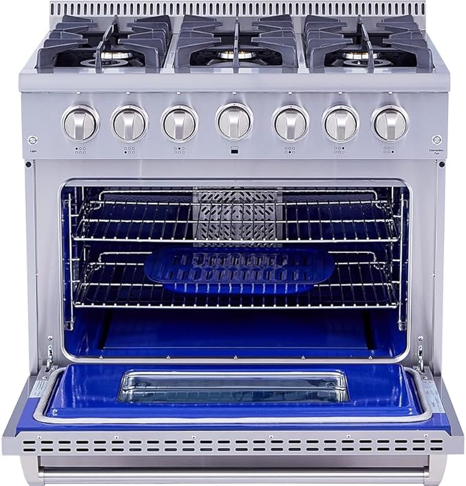 THOR Kitchen Freestanding Professional 36-Inch Gas Range with Blue Porcelain Oven Interior In Stainless Steel - Model HRG3618U