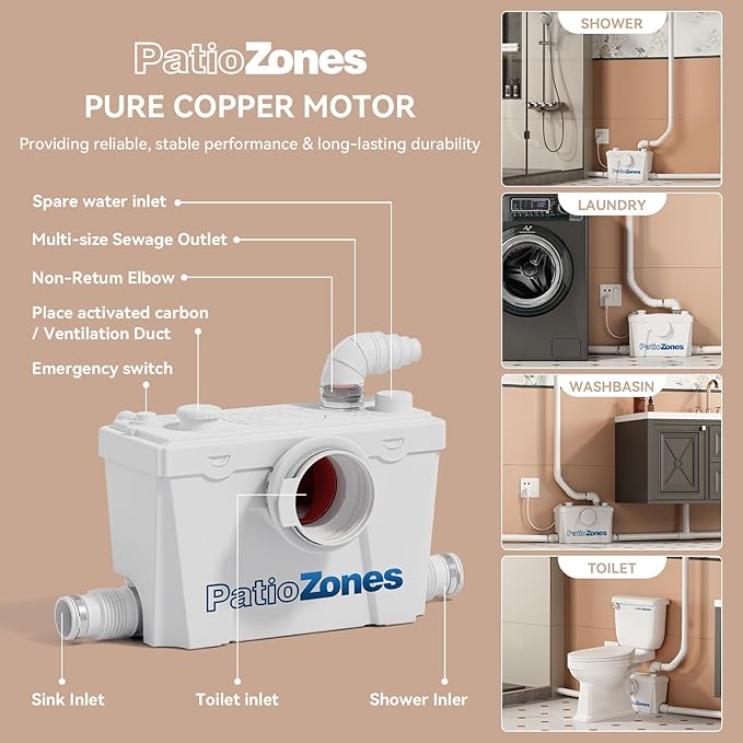 Macerator Pump, Sewage Upflow Grinder Pump with Durable Copper Motor, 4 Inlets for Basement Toilet, Sink, Shower, Washer, Household/Residential Waste Water Upflush System, 23 ft Head Lift, Low Noise