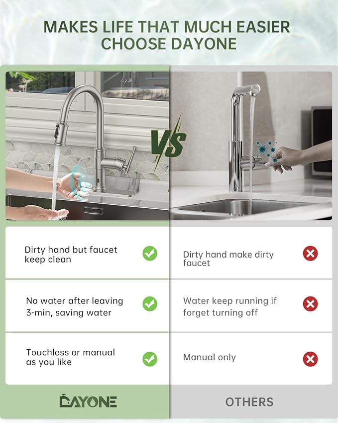 Touchless Kitchen Sink Faucet with Soap Dispenser Brushed Nickel, DAYONE Smart Motion Sensor Hands Free Faucet Kitchen with 3-Function Sprayer for Single/ 3-Hole Sink, DAY136TL-BN