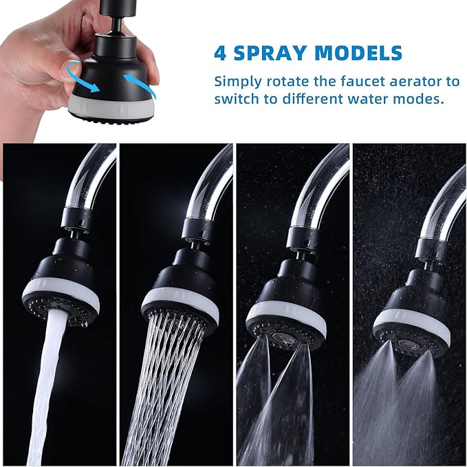 4 Spray Modes Faucet Aerator,360 Degree Faucet Sprayer Attachment,Big Angle Kitchen Faucet Aerator,Swivel Faucet Extender,Sink Sprayer Attachment for faucet,55/64 inch Female Thread (Black)