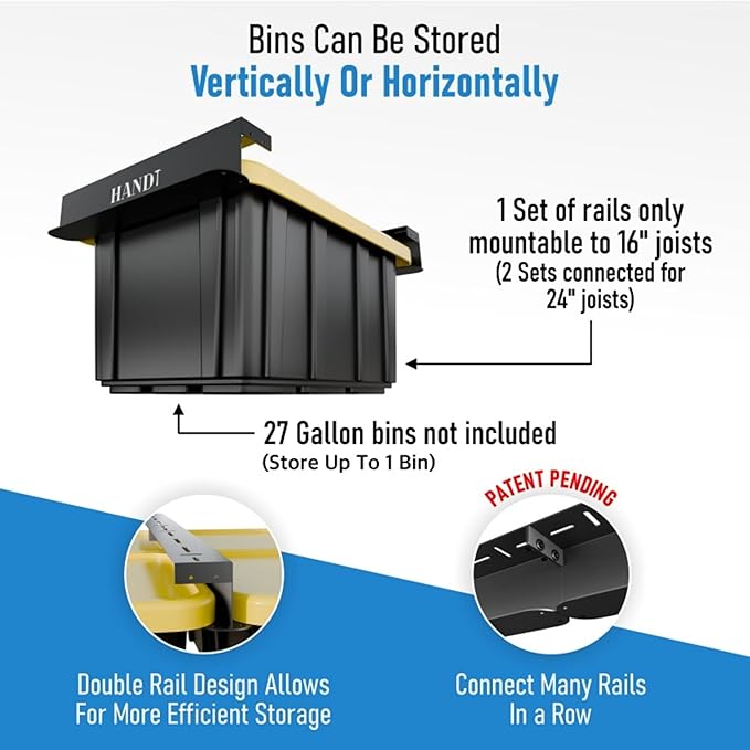 USA Based Overhead Garage Storage Rack, Connectable Heavy Duty Metal Ceiling Rails Garage Storage Organization Shelving System, Hanging Racks Tote Containers, Supports Up To 1 Bin, 1 Set Black