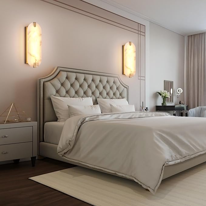 14.17in Alabaster Wall Sconces, Natural Marble Wall Light, Modern LED Alabaster Sconces for Living Room Indoor Wall Lamps for Dining Room Stairs Bedroom,Brushed Gold