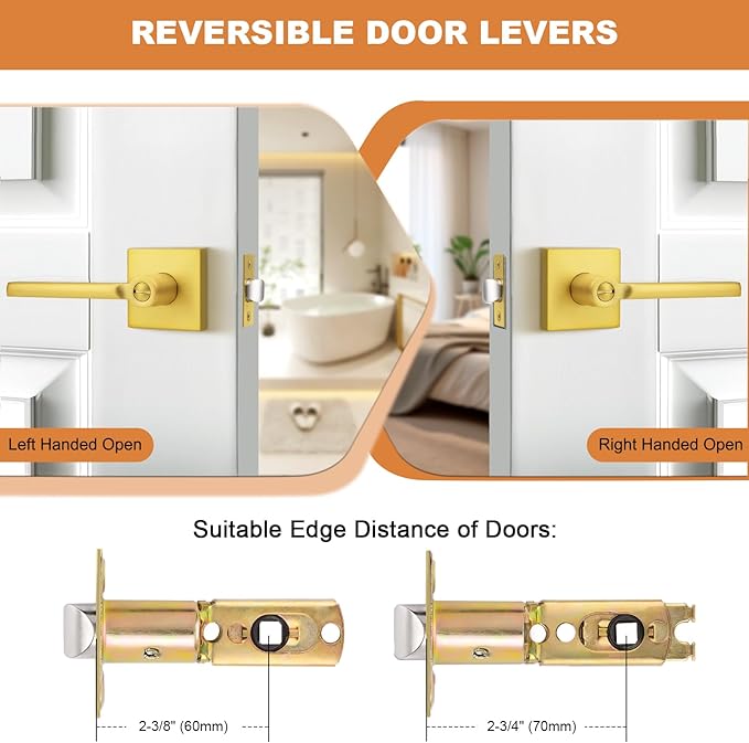 Probrico Gold Privacy Door Handle Lockset Heavy Duty Square Satin Brass Interior Door Lever for Bedroom or Bathroom Reversible Keyless Handleset Door Knob Slim Handed Levers, 10 Pack