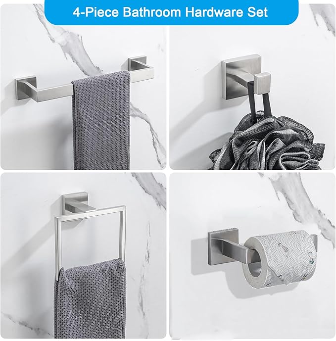 4-Piece Bathroom Hardware Set, Towel Rack Towel Holder Toilet Paper Holder Towel Hooks Towel Bar Set Stainless Steel Towel Rack Accessories Set Wall Mounted, Brushed Nickel 23 Inch