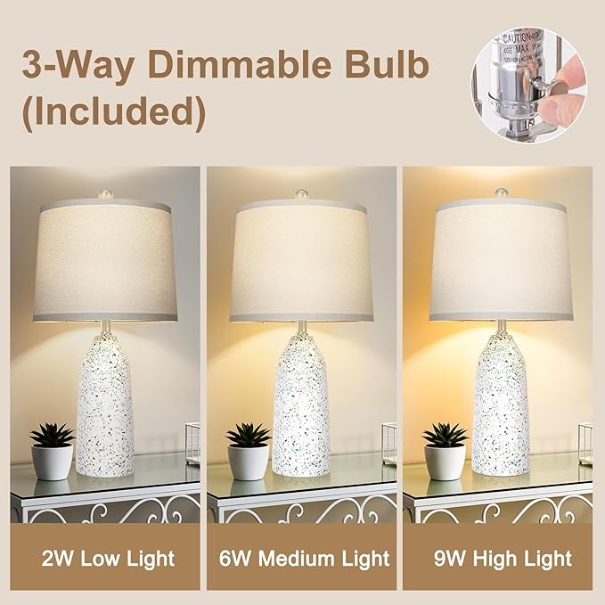 22.5" Faux Stone Table Lamps Set of 2, Farmhouse Lamps for Bedroom with Linen Shade, Rotary Switch Bedside Lamps with 3-Way Dimmable Bulb for Living Room Nightstand Home Decor(Bulb Included)