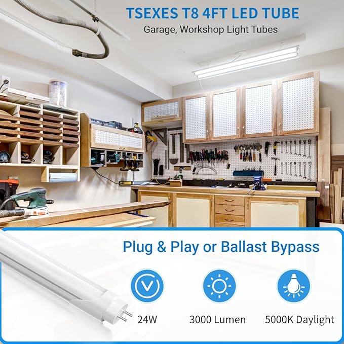 LED Fluorescent Light Bulbs 48 inch T8 LED Bulbs Type A+B,24W 3000LM Plug & Play or Ballast Bypass, Single and Double End Powered,5000K Frosted Cover,T8 T10 T12 4FT Tube Lights Replacement,12-Pack