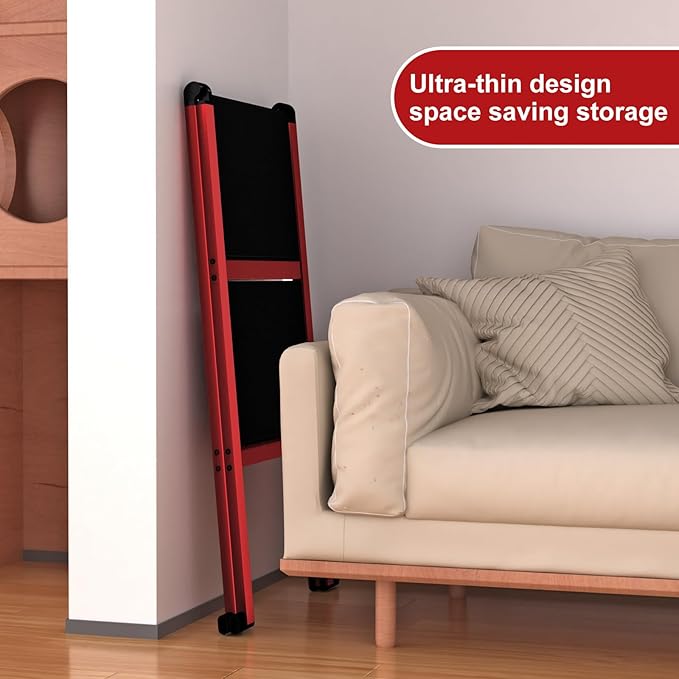 2 Step Ladder,Aluminum Ultra Thin Folding Step Stool,400 Lbs Capacity Heavy Duty with Anti-Slip Sturdy and Wide Steps,Closet Slim Step for Home,Kitchen and Office,Space Saving (Red, 2-Step)