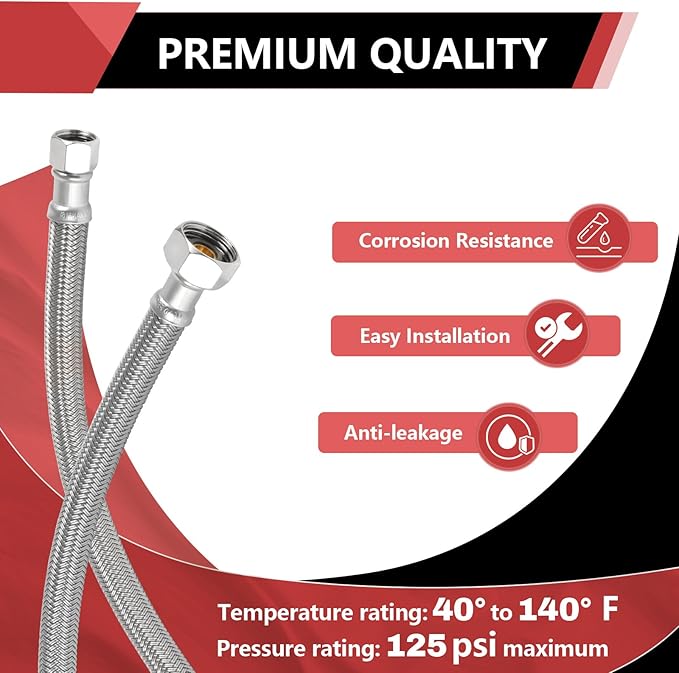 2-Pack EFIELD 16-inch Faucet Supply Lines, 1/2" FIP x 3/8" COMP Faucet Hose, Stainless Steel Braided Supply Line,(HOSE045)