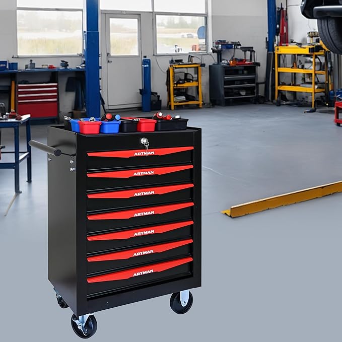 7-Drawer Steel Rolling Tool Cart with Wheels & Handle, Heavy-Duty Tool Chest Storage Cabinet for Garage and Workshop