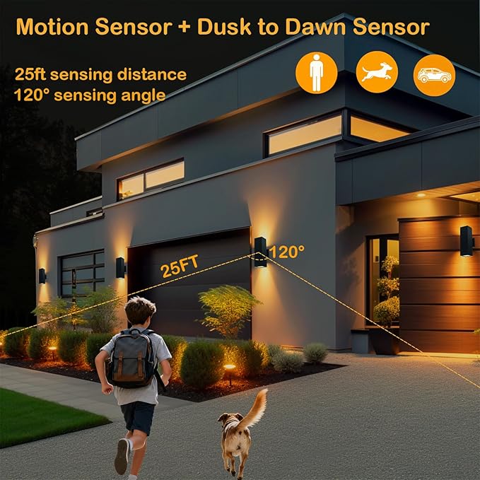 Dusk to Dawn Motion Sensor Outdoor Wall Light, Adjustable Brightness Exterior Light Fixtures with 3 Modes, 25ft Detection Waterproof Aluminum Fixture for Porch, Stairs, Garage, ETL Listed
