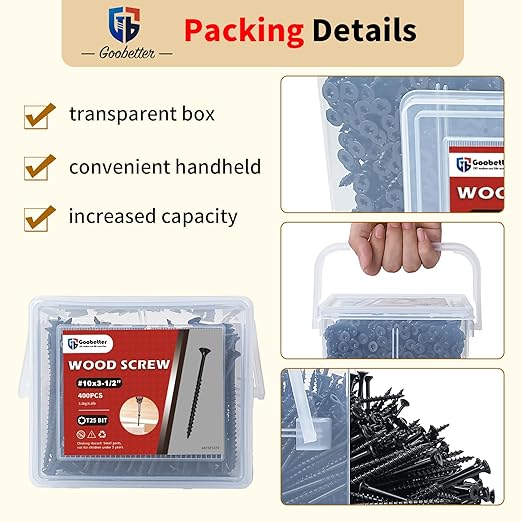 Deck Screws 3-1/2 Inch, 400 Pcs Wood Screws #10 x 3-1/2" for Construction Fence, Rust Resistant, Torx/Star Drive Head, 2 Pcs T25 Star Bits Included, Black