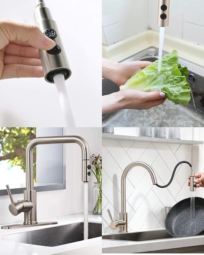 Hibbent Pull Out Sink Sprayer, 2 Function Kitchen Faucet Head, Bathroom Pull Down Spray Head with G1/2 or 13/16 Inch Male Connector, Brushed Nickel