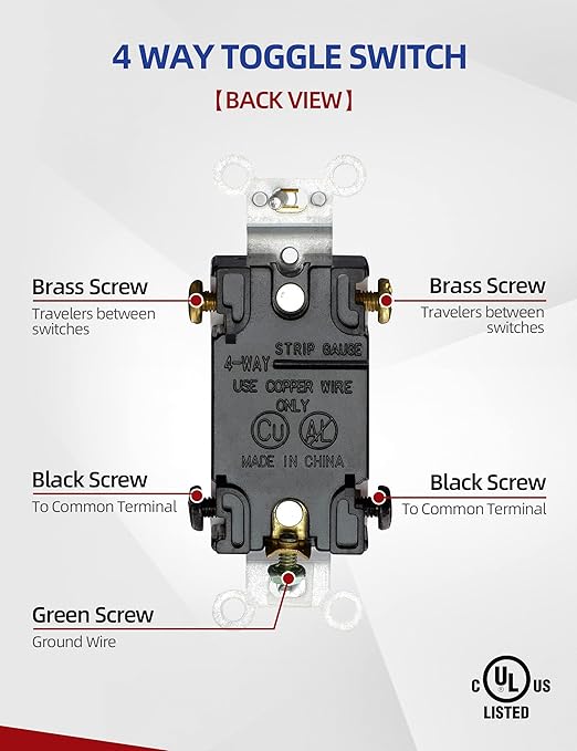 AIDA 15 Amp Toggle Light Switch, 4 Way, Grounding Screw, Residential Grade Electrical Wall Switch, UL Listed (White, 10 Pack)