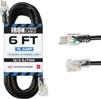 Iron Forge Cable 12 Gauge Outdoor Extension Cord 6 Ft, SJTW 12/3 Heavy Duty Extension Cord 3 Prong, Flame Retardant Black Electric Cable - Lighted End