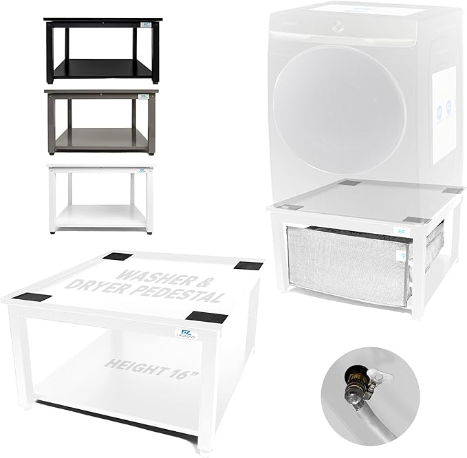Washer and Dryer Pedestals - 24" W, 16" H, White Steel Universal Fit with Major Brands, Leak-Proof Laundry Pedestal with Drain Pan & Hose, Washer and Dryer Stand for Back Pain Relief, 800 lbs Capacity