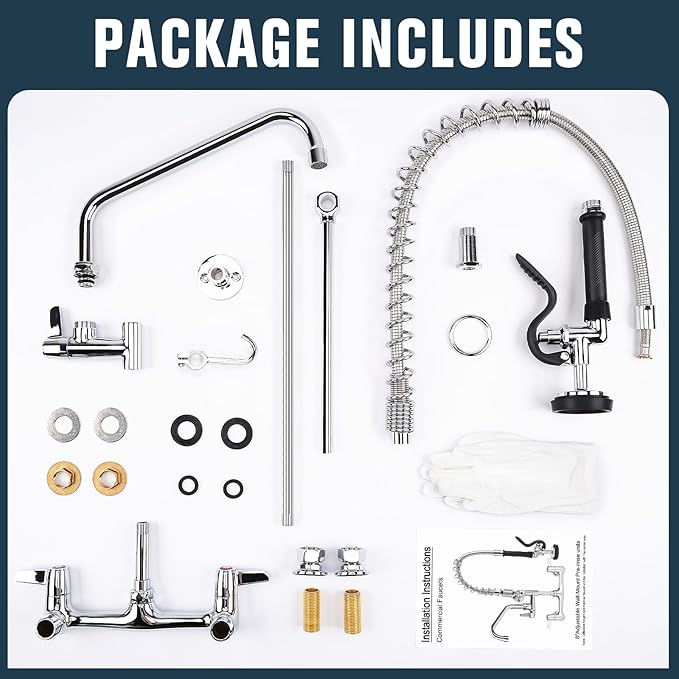 Commercial Faucet with Sprayer, 43 Inch Height Commercial Sink Faucet Wall Mount with 8" Adjustable Center and 12" Add-on Swing Spout & Pull Down Pre Rinse Sprayer