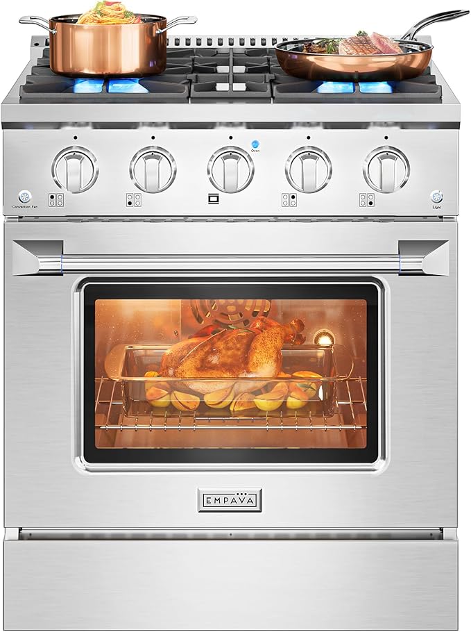 Empava Commercial Gas Range, Freestanding & Slide-In, 4.2 cu. ft. Pro-Style Single Oven with 4 Sealed Ultra High-Low Burners Heavy Duty Grates in Stainless Steel for Kitchen, Restaurant,30 Inch