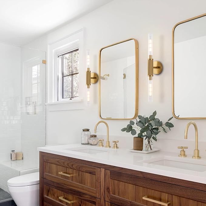 Gold Knurled Texture Wall Sconces 24" Modern Cylinder Bathroom Vanity Lights Fixtures with Clear Striped Glass Shade 2-Lights Indoor Wall Lighting for Living Room Bedroom Kitchen