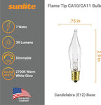 Sunlite 40001 Incandescent Petite Flame Tip Chandelier Light Bulb, 7 Watts, Candelabra Base (E12), Dimmable, for Chandeliers, Sconces, Fixtures, 12 Count