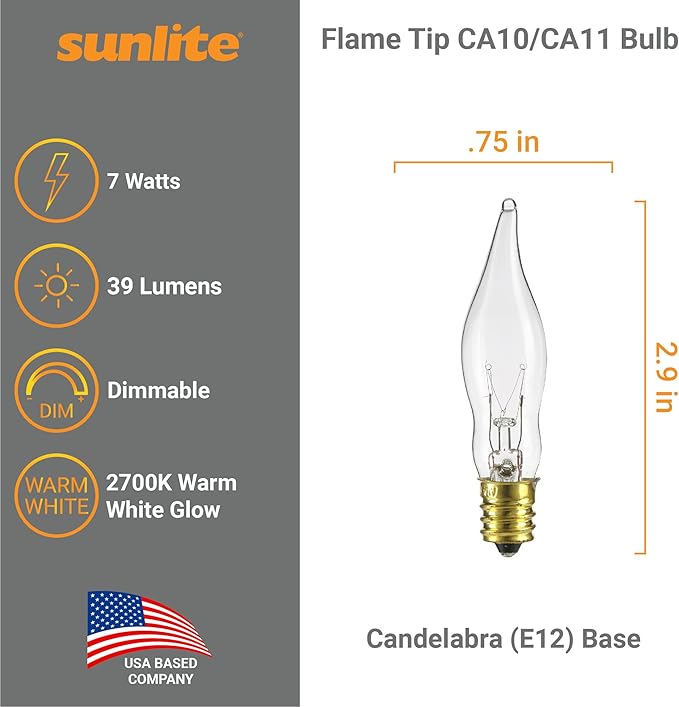 Sunlite 40001 Incandescent Petite Flame Tip Chandelier Light Bulb, 7 Watts, Candelabra Base (E12), Dimmable, for Chandeliers, Sconces, Fixtures, 12 Count