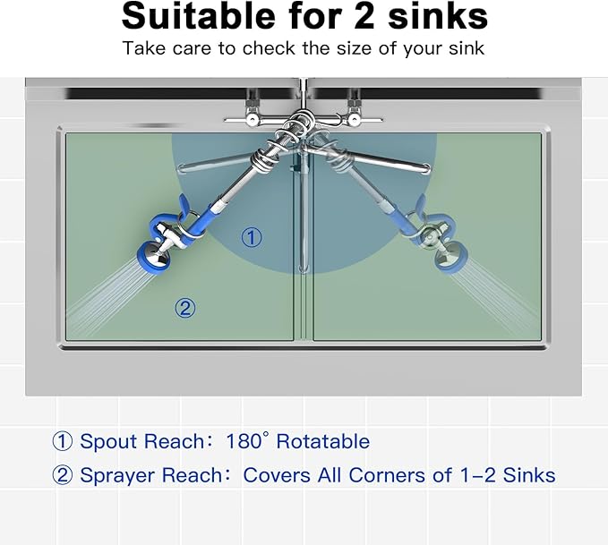 Commercial Faucet with Sprayer 25" Height 8" Adjustable Center 10" Swing Spout,Brass Constructed Wall Mount Kitchen Sink Faucet with Pull Down Pre-Rinse Sprayer for 1/2/3 Compartment Sink