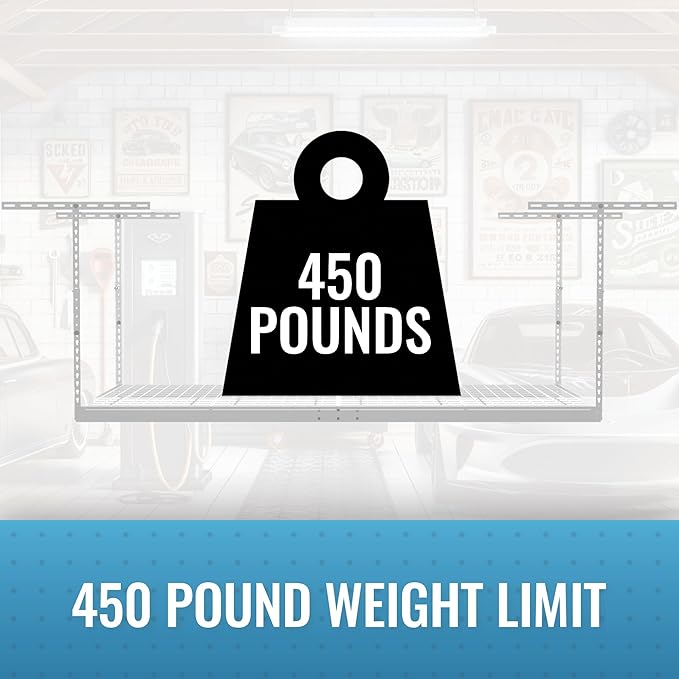 MonsterRax Overhead Garage Storage Racks 3x8’ Ceiling Mounted Shelving, Adjustable Hanging Organizer, Heavy Duty Steel, Holds 500 Pounds, Color: White, Adjustable from 24"-45" off the Ceiling