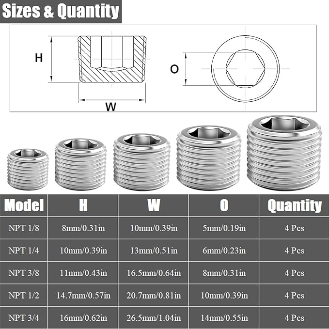 20 Pcs Stainless Steel Pipe Plug Fitting, 5 Sizes 1/8" 1/4" 3/8" 1/2" 3/4" NPT Male Internal Hex Thread Socket Pipe Plug Fitting Assortment Kit