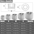 20 Pcs Stainless Steel Pipe Plug Fitting, 5 Sizes 1/8" 1/4" 3/8" 1/2" 3/4" NPT Male Internal Hex Thread Socket Pipe Plug Fitting Assortment Kit