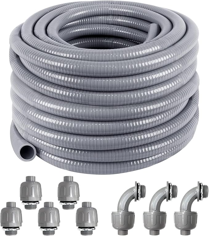 1/2inch 100ft Liquid-Tight Conduit and Connector Kit,Flexible Non-Metallic Liquid Tight Electrical Conduit Kit with 5 Straight and 3 90-Degree Conduit Connector Fittings,(1/2" Dia, 100 Feet)