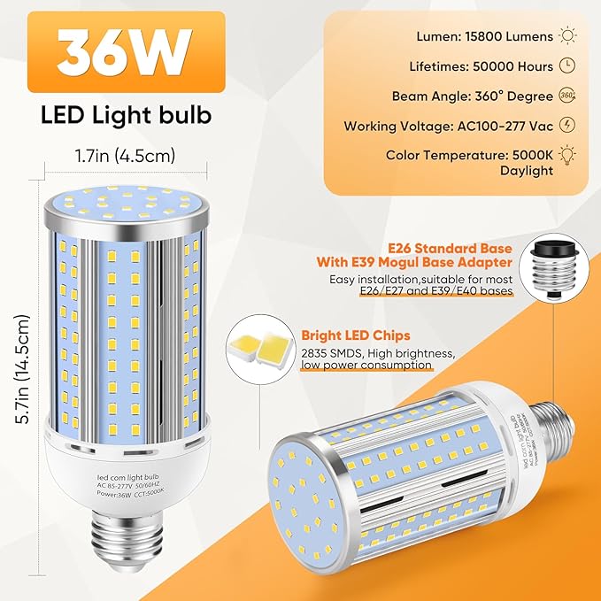 2 Pack 36W Corn LED Light Bulb Fanless,(320 Watt Equivalent) E26/E39 Medium/Large Mogul Base LED Cob Lamp 5000K Daylight 5,400LM for Outdoor Indoor Garage Warehouse Factory Workshop Street Backyard