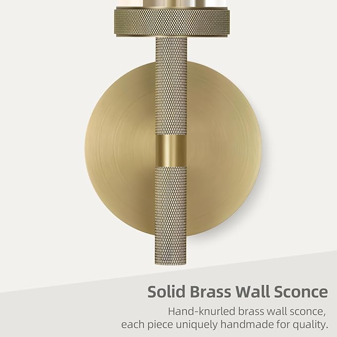 Modern Brass Hardwired Wall Sconces 2 Pack, 21'' Knurled Bathroom Wall Sconce, Indoor Wall Sconce,Copper and Tube Glass Vanity Light, for Living, Bedroom, Hallway, Staircases, Include Bulbs
