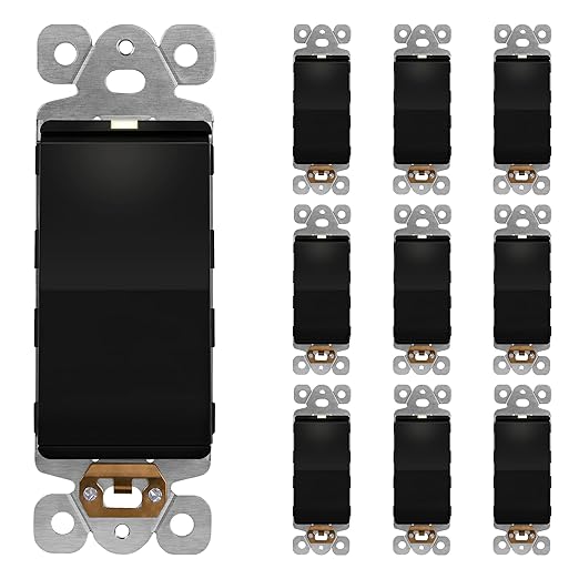 LIDER Minimalist Design Matte Finish Lighted Decorator Switch, Frameless Paddle Light Switch with Locator Light, Grounding Screw,15A 125V, UL Listed, LS15-1P-BK10P, Black, 10 Pack