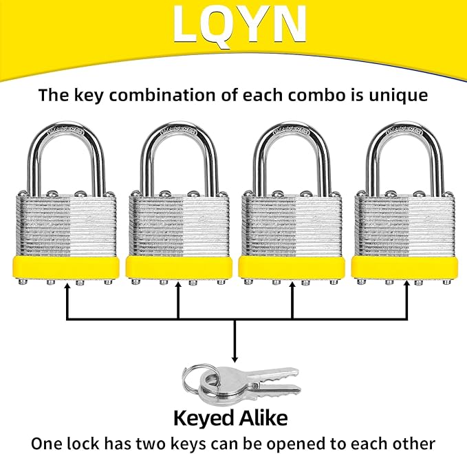 Padlocks with Same Key, LQYN 100 Pcs Laminated Keyed Padlock (1-9/16", 40mm), Keyed Alike Locks, Normal Shackle, for Storage Locker, Hasp Latch, Toolbox, Sheds
