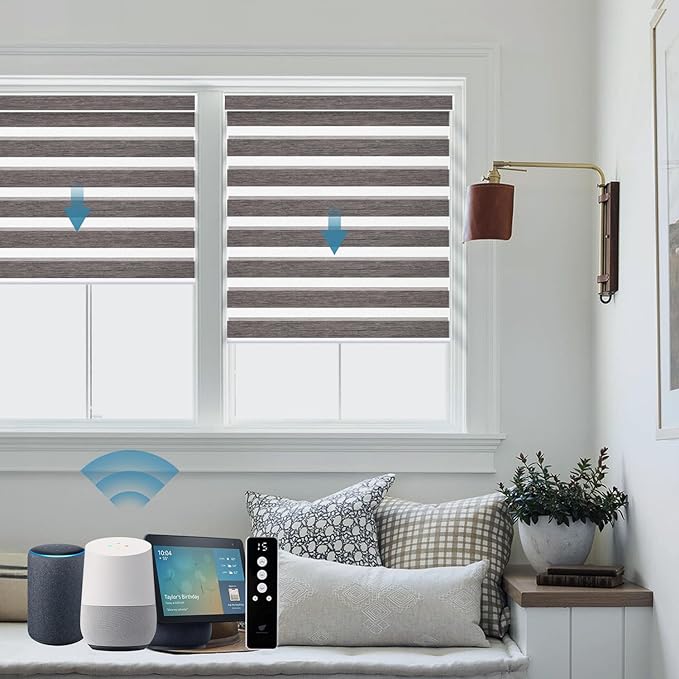 SmartWings Motorized Zebra Shades Work with HomeKit, Alexa, Google Home, 85% Blackout Light Filtering Day Night Sheer Blinds, Privacy Light Control, for Home/Office, Customized, River Stone
